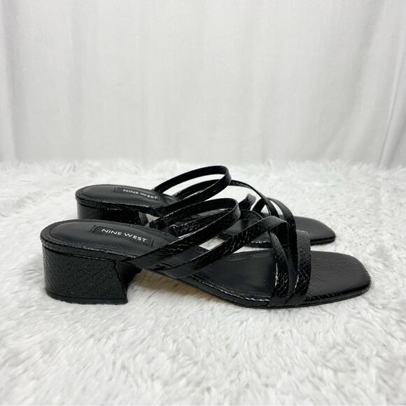 NINE WEST / Remy black faux leather croc embossed strappy block heel sandal /7.5 - Picture 3 of 11